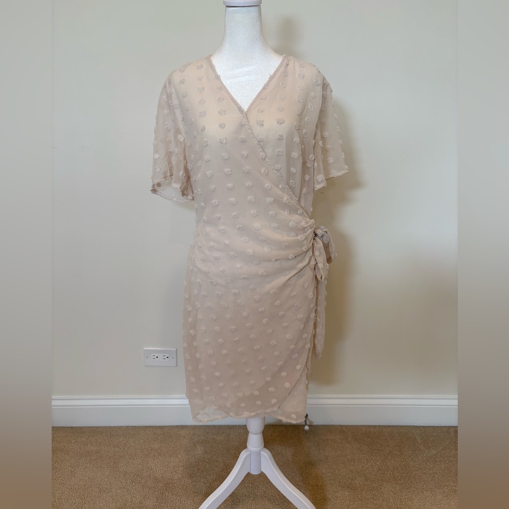 Women's Cream Wrap Dress with Textured Dot Detail